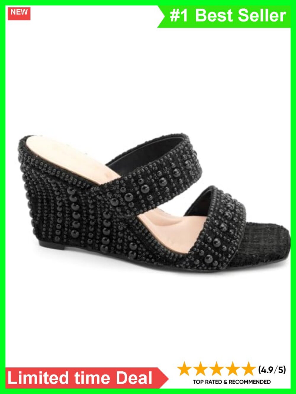 Pearl Wedge Sandals Slip On Square Toe 3-Inch Heel